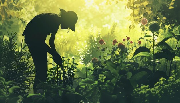 A gardeners silhouette amidst a vibrant garden, tending to plants with a gentle and nurturing touch, Sharpen closeup highdetail realistic concept good mood tone