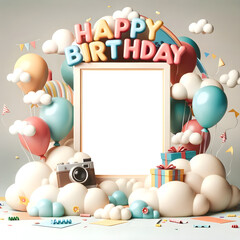 PNG transparent empty frame with children's birthday theme, add your photo to the transparent empty frame