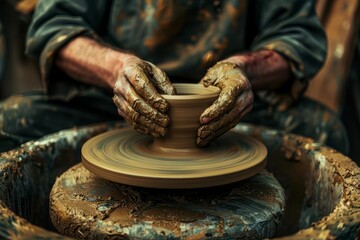 A potter shapes a clay bowl on a spinning wheel