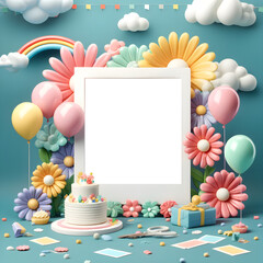 PNG transparent empty frame with children's birthday theme, add your photo to the transparent empty frame