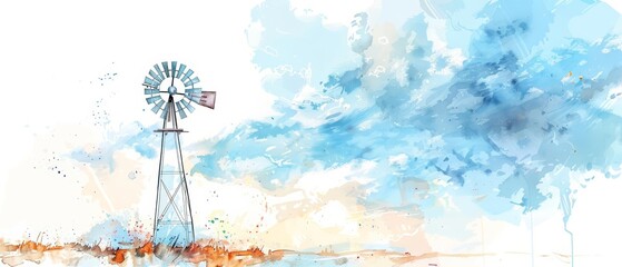 Fototapeta premium A watercolor painting of a minimalistic, clean windmill standing tall against a breezy sky, Clipart isolated on white background