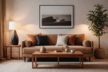 Aesthetic cozy living room interior with a comfortable sofa, wooden coffee table, lamp, and wall with poster frame in a perfect composition.