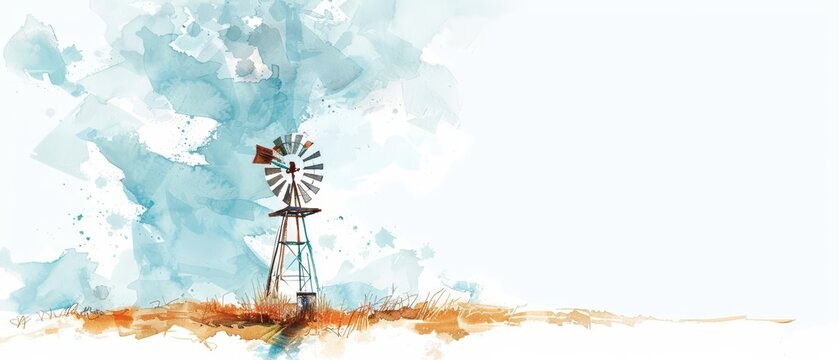 A watercolor painting of a minimalistic, clean windmill standing tall against a breezy sky, Clipart isolated on white background