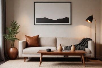 Aesthetic cozy living room interior with a comfortable sofa, wooden coffee table, lamp, and wall with poster frame in a perfect composition.