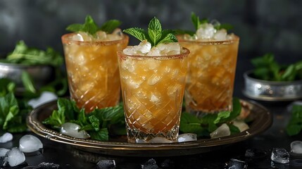 mint julep, fresh drink made with whiskey, sugar, water, ice and fresh mint