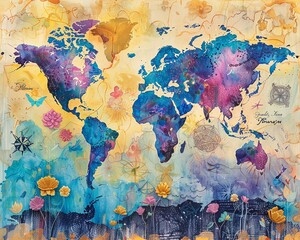 A watercolor map of the world with a twist, featuring colorful, whimsical elements and a creative background design