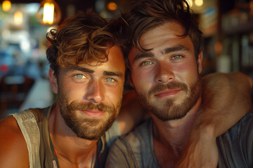 Two young handsome men with mustaches and beards