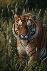majestic tiger on the hunt for some prey in high grass, stock photo, background