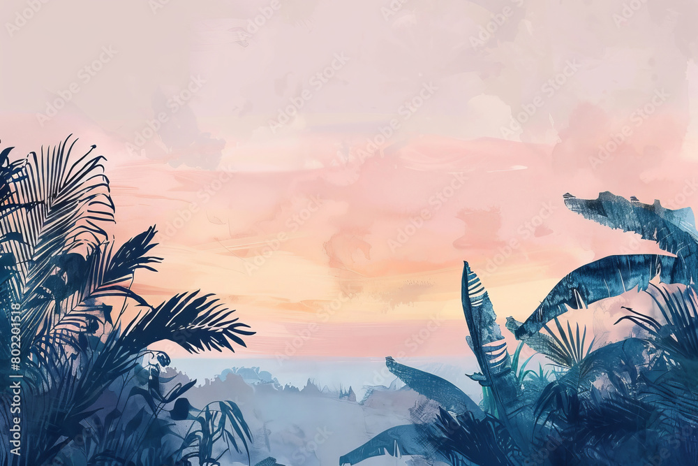 Wall mural Stunning tropical sunset with silhouette palm trees and pastel sky