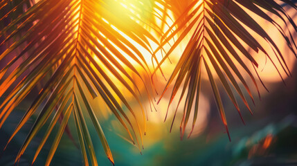Tropical palm leaves silhouetted against a vibrant sunset
