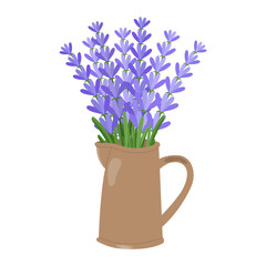 Lavender flowers icon in brown water jug ​​isolated on transparent and white background. Closeup element for summer and cosmetics design decoration. Vector cartoon illustration for birthday and annive