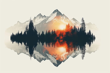 Stunning mountain landscape with mirrored forest in sunset hues