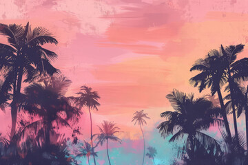 Tropical sunset with silhouetted palm trees and vibrant sky