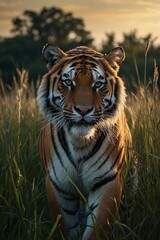 majestic tiger on the hunt for some prey in high grass, stock photo, background