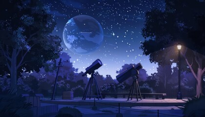 Fototapeta premium An astronomy night at a local park sets up a simple dark stage equipped with telescopes and star maps for community stargazing sessions, product display background