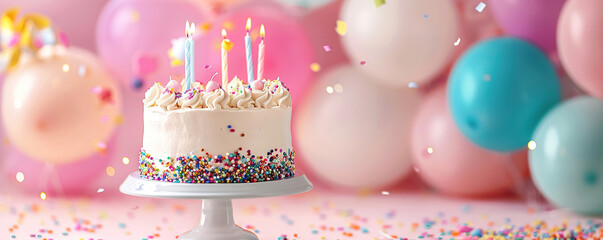 Birthday party with birthday cake, candles, balloons on pink background copy space