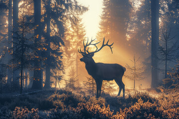 Fototapeta premium Majestic stag in misty forest at sunrise, serene wildlife scene