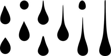 Drop water icon. Black droplet. Symbol of oil, rain, liquid. Shape of tear. Simple graphic element of aqua, blood, milk. Logo of raindrop isolated on white background. Design for nature fluid. Vector.