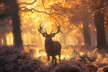 Majestic stag in frosty forest with golden sunrise light