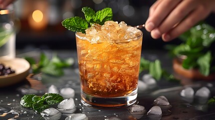 mint julep, fresh drink made with whiskey, sugar, water, ice and fresh mint - obrazy, fototapety, plakaty