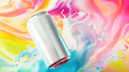 Floating white soda can over vibrant abstract background - obrazy, fototapety, plakaty
