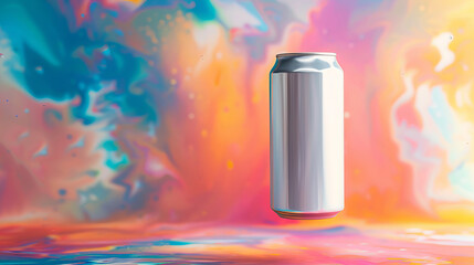 Floating white soda can against a vibrant colorful background - obrazy, fototapety, plakaty