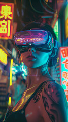 Fototapeta premium Lovely girl wearing virtual reality headset in a neon-lighted cyberpunk city