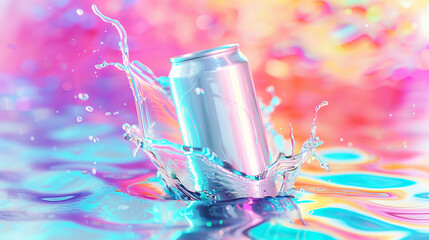 Vibrant splash with floating soda can on colorful background - obrazy, fototapety, plakaty