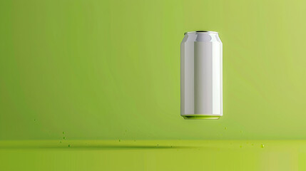 Floating white soda can on vibrant green background - obrazy, fototapety, plakaty