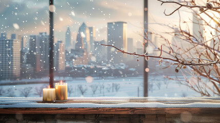 Cozy winter scene with candles on a wooden table and cityscape
