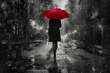 Woman with red umbrella walking on rainy city street