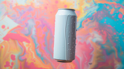 White soda can with water droplets on colorful background - obrazy, fototapety, plakaty