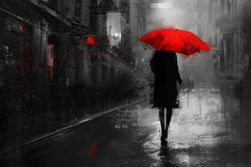 Woman with red umbrella walking on a rainy city street