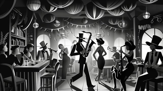 An underground jazz bar from the Roaring Twenties, with saxophonists and flappers dancing, all rendered in monochrome paper, paper art style concept