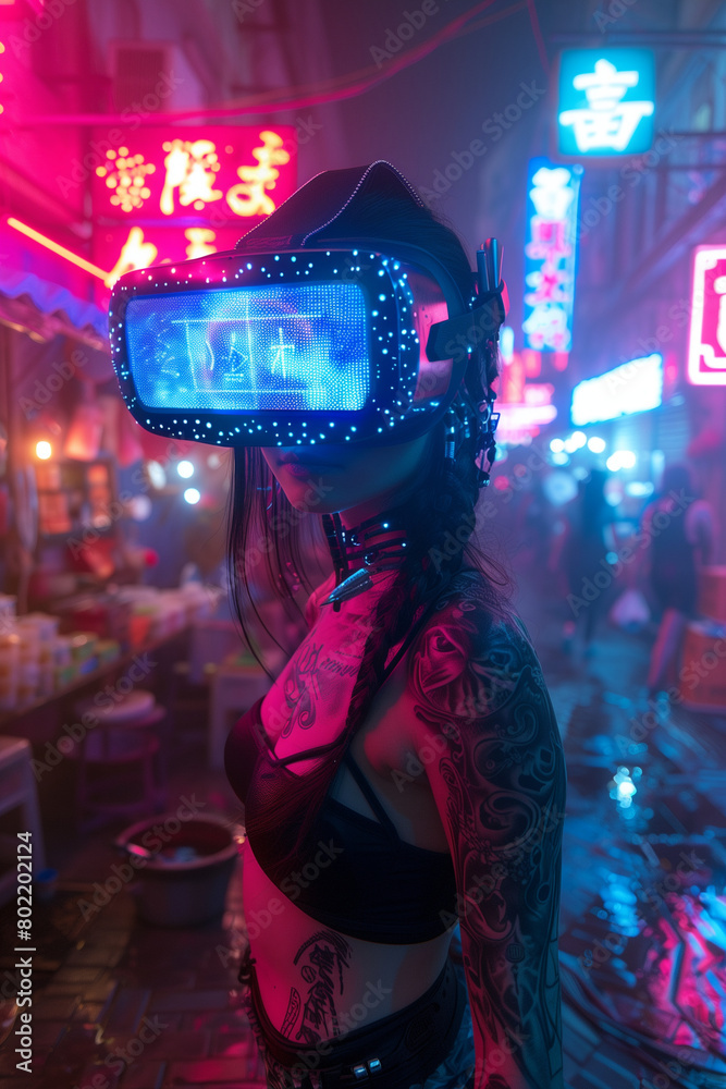 Wall mural a beautiful girl in virtual reality glasses on the street in a neon light in a cyberpunk style city