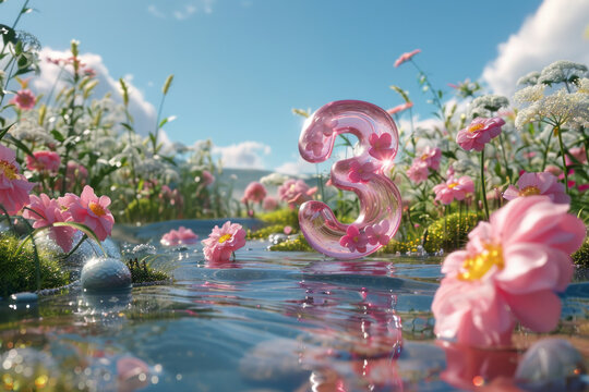Vibrant 3D number three in a serene floral waterscape