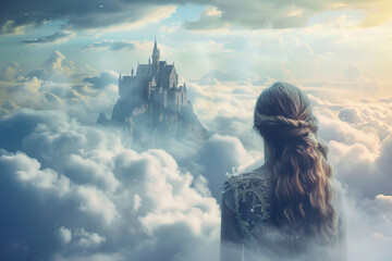 Fototapeta premium Young girl gazing at a majestic castle floating above the clouds