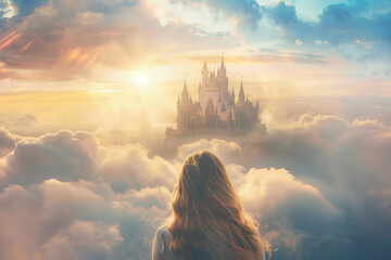 Fototapeta premium Young girl gazing at a majestic castle above the clouds