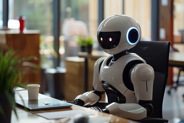A robot office worker is sitting at a desk