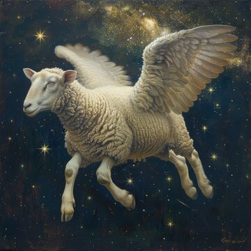 In the vast expanse of space, imagine a scene both serene and surreal--a graceful winged sheep drifting among the stars.
