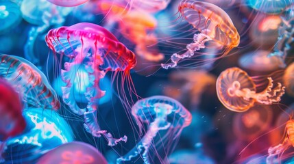 colorful many jellyfish in and environment of streaks of light and blurred shapes to suggest the movement of sound waves	