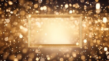 gold color frame for a postcard with free space in the center for text on a dark black background. Charming background for greeting messages - stars, shining glitter, festive holidays.