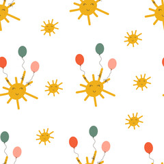 Cute sun with balloons on seamless background.Birthday. Template for textile, wallpaper, packaging, cover
