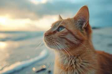 Ginger orange cat relaxing on a sand beach looking into the distance.
