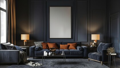 In a dark and stylish living room, the mockup poster frame stands out against the rich, deep tones, 3D render sharpen