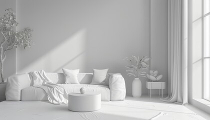 Fototapeta premium In the Background of a 3D white interior, minimalist design meets elegance with sharp, clean lines and a serene monochromatic palette, Sharpen 3d rendering background