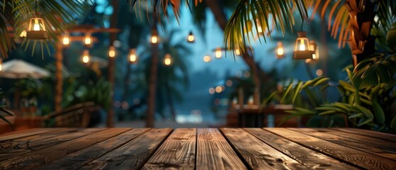 In the blur of an admirable restaurant at night, the wooden table under palm leaves whispers tales of tropical evenings, Sharpen 3d rendering background