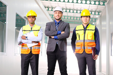 Engineers and employees wear safety helmets working inside the factory.