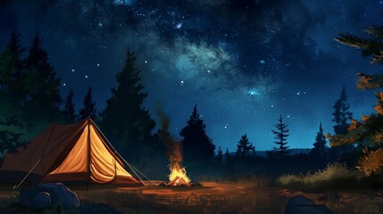 tent and campfire in the woods on a summer night with a stars in the sky. 
