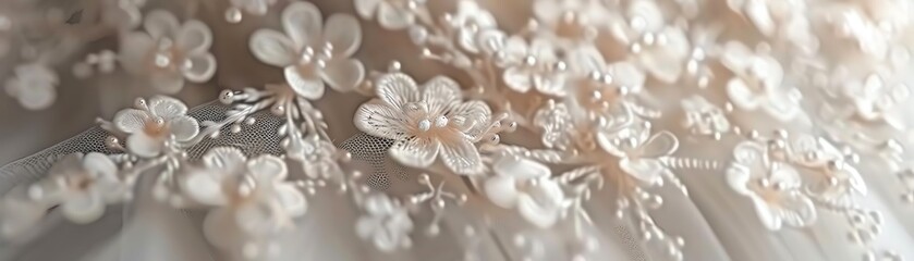 Fototapeta premium Exquisite 3D white floral embroidery lace The image has a soft, dreamy, and romantic feel.